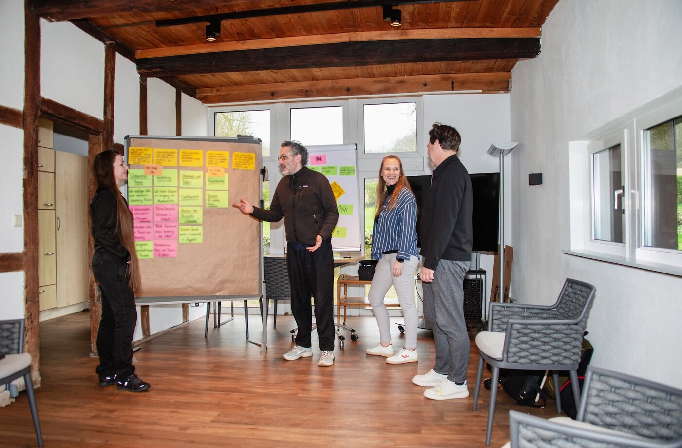 Vier Menschen stehen gemeinsam vor einem Flipchart mit bunten Moderationskarten in einem Workshop-Raum